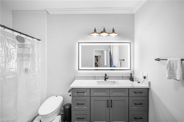 bathroom featuring walk in shower, vanity, toilet, and crown molding