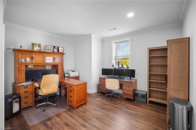 home office featuring crown molding and dark hardwood / wood-style flooring