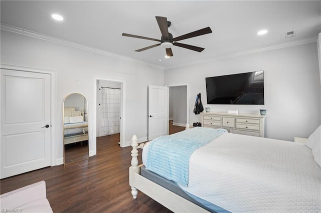 bedroom with ornamental molding, ceiling fan, and dark hardwood / wood-style floors