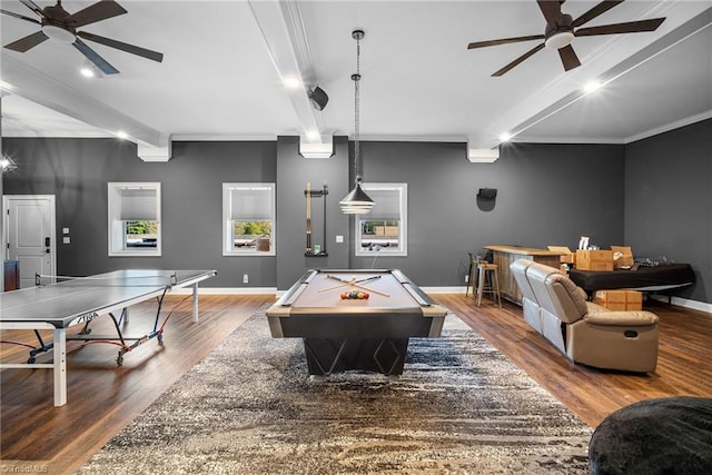 game room with wood-type flooring, beam ceiling, billiards, and crown molding