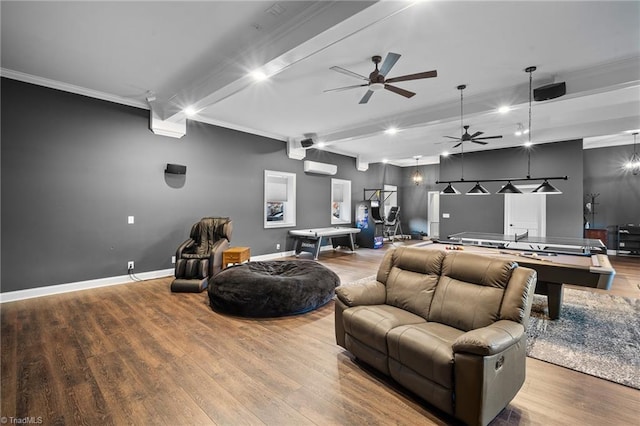 interior space with beamed ceiling, wood-type flooring, ceiling fan, and ornamental molding