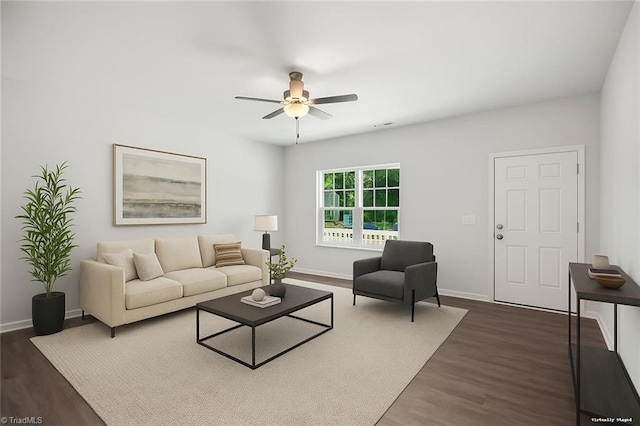 125 Glasmere Ct, Winston-Salem, NC 27101 - living area featuring a ceiling fan, dark wood-style floors, and baseboards