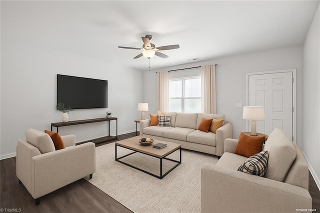 125 Glasmere Ct, Winston-Salem, NC 27101 - living room with dark wood-style floors, ceiling fan, and baseboards