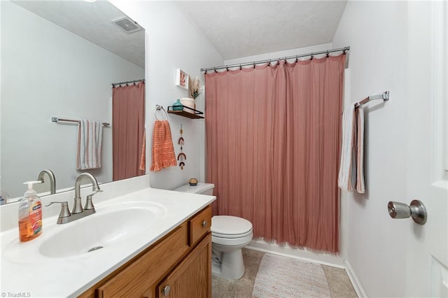 full bath featuring toilet, visible vents, a textured ceiling, and vanity