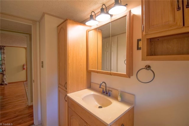 bathroom featuring vanity, a textured ceiling, and wood finished floors