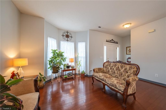 sitting room with dark wood-type flooring