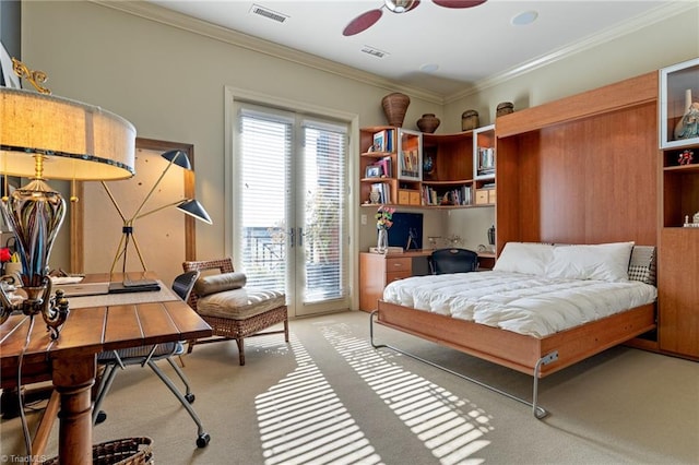 bedroom with access to exterior, light colored carpet, ornamental molding, and ceiling fan