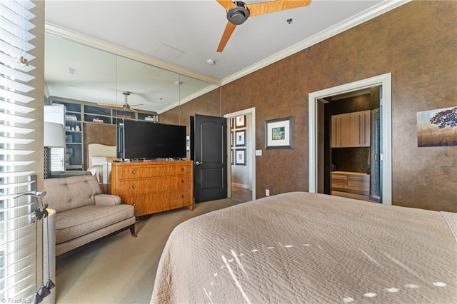 carpeted bedroom with ornamental molding and ceiling fan