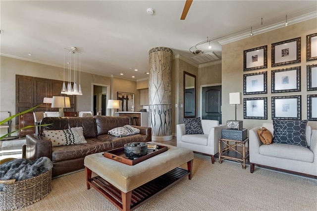 living room featuring ornamental molding and light carpet