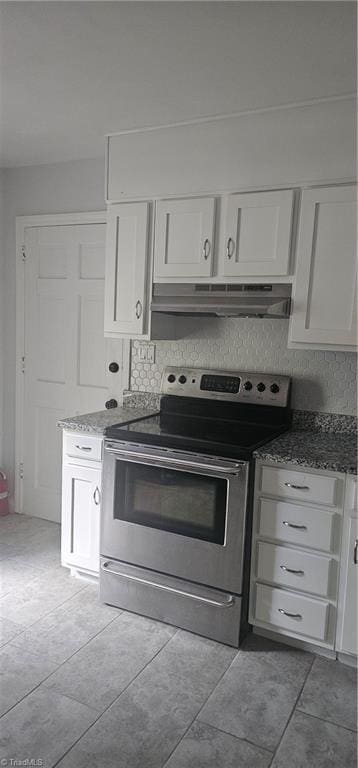 508 Twin Oak Ct, High Point, NC 27260 - kitchen featuring stainless steel range with electric stovetop, under cabinet range hood, white cabinetry, and light tile patterned floors