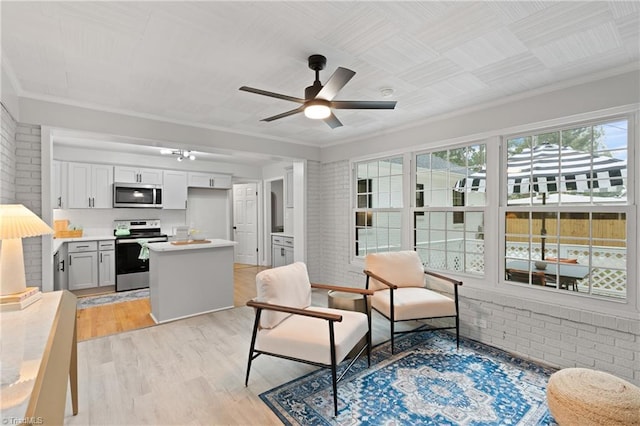 interior space featuring light hardwood / wood-style floors, ornamental molding, ceiling fan, and brick wall