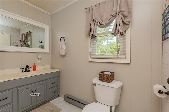1055 Old Silver Hill Rd, Lexington, NC 27292 - bathroom with baseboard heating, crown molding, toilet, vanity, and marble finish flooring