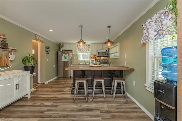 1055 Old Silver Hill Rd, Lexington, NC 27292 - kitchen featuring stainless steel appliances, a sink, ornamental molding, wood finished floors, and decorative light fixtures