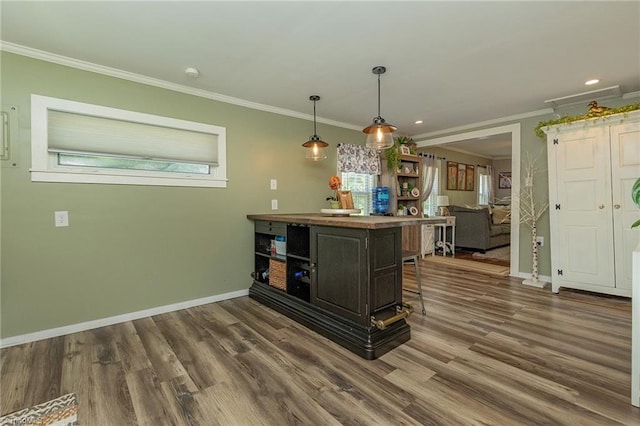 1055 Old Silver Hill Rd, Lexington, NC 27292 - kitchen with open shelves, crown molding, butcher block counters, dark wood-style flooring, and baseboards