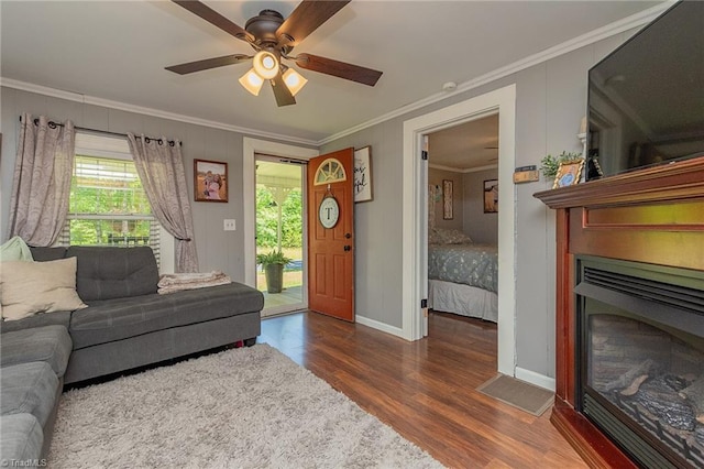 1055 Old Silver Hill Rd, Lexington, NC 27292 - living room featuring ornamental molding, a glass covered fireplace, dark wood finished floors, plenty of natural light, and baseboards