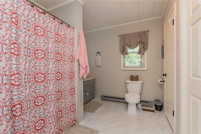 1055 Old Silver Hill Rd, Lexington, NC 27292 - full bathroom featuring ornamental molding, a baseboard radiator, toilet, vanity, and baseboard heating