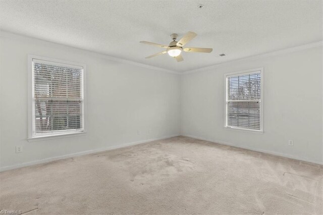 spare room featuring crown molding, ceiling fan, light colored carpet, and a textured ceiling