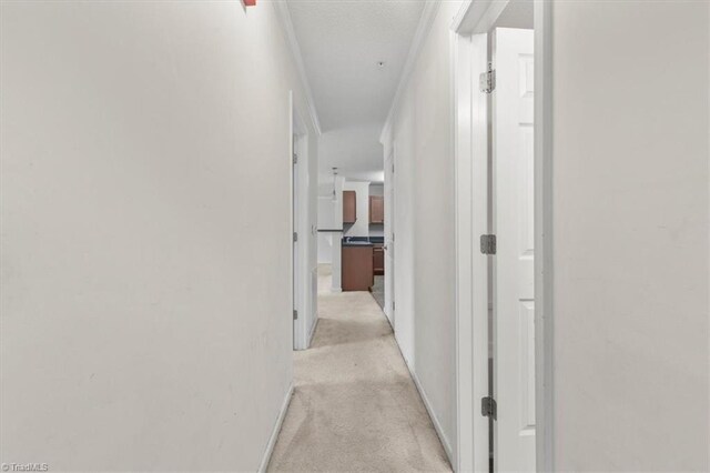 hall featuring light colored carpet and crown molding