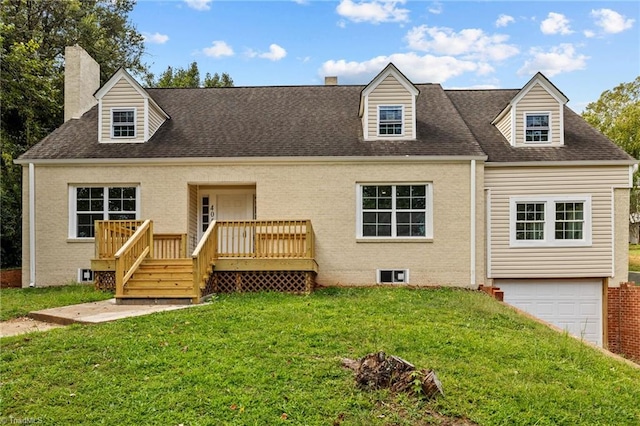 cape cod house with a garage and a front yard