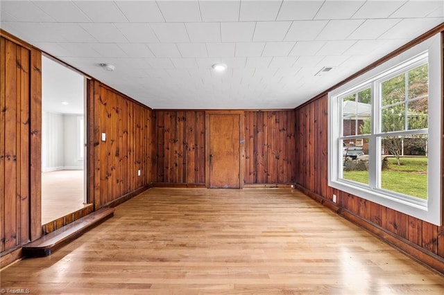 spare room featuring plenty of natural light, wood walls, and light wood-type flooring