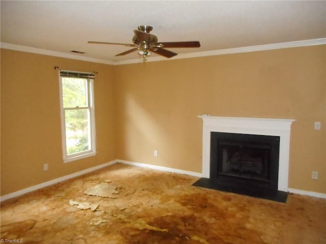 unfurnished living room with crown molding and ceiling fan