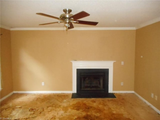 unfurnished living room with ornamental molding and ceiling fan