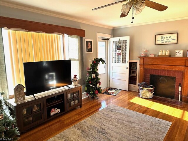 living room featuring hardwood / wood-style flooring, a fireplace, ornamental molding, and ceiling fan