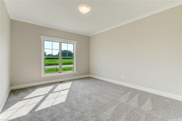 carpeted spare room featuring crown molding