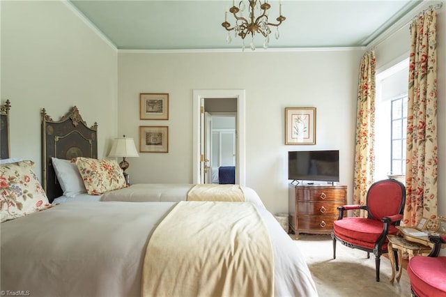 carpeted bedroom with a notable chandelier and crown molding