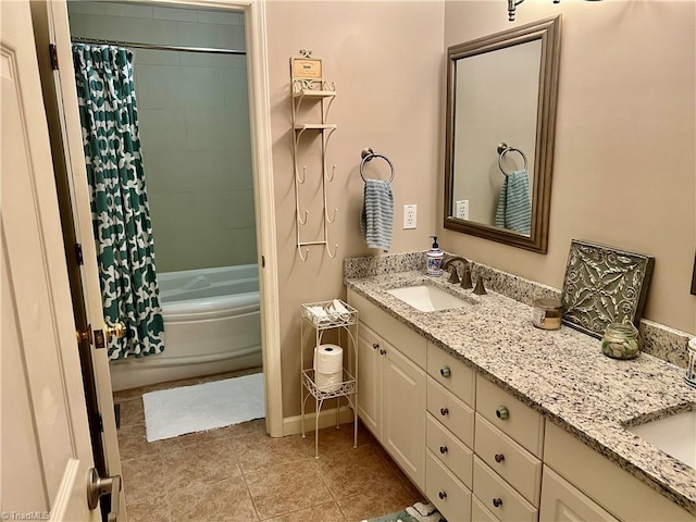 bathroom featuring tile patterned flooring, double vanity, shower / bathtub combination with curtain, and a sink