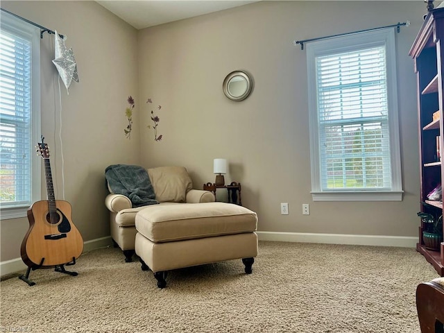 living area with baseboards, plenty of natural light, and carpet floors