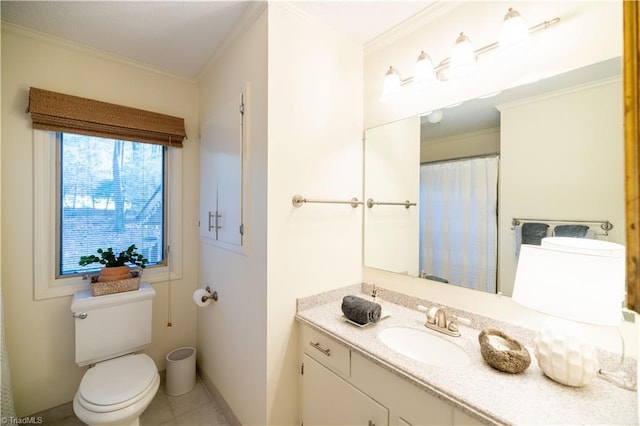 bathroom featuring ornamental molding, tile patterned floors, vanity, and toilet