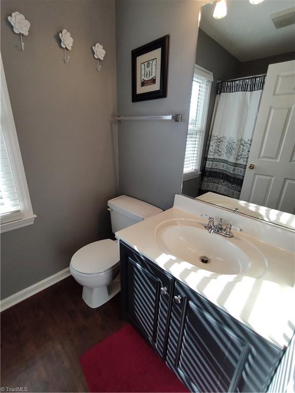 3210 Clamoor Dr, Winston-Salem, NC 27127 - bathroom featuring wood finished floors, vanity, and a shower with curtain