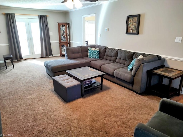 3210 Clamoor Dr, Winston-Salem, NC 27127 - carpeted living area with ornamental molding and ceiling fan