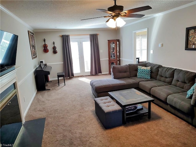 3210 Clamoor Dr, Winston-Salem, NC 27127 - living room featuring a textured ceiling, light carpet, crown molding, a ceiling fan, and a fireplace with flush hearth