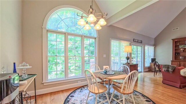 1250 Whitworth Ct, Kernersville, NC 27284 - dining space featuring high vaulted ceiling, a chandelier, and wood finished floors
