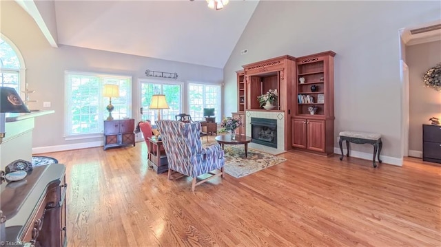 1250 Whitworth Ct, Kernersville, NC 27284 - living area with a fireplace with flush hearth, high vaulted ceiling, and light wood-style flooring