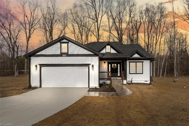 modern farmhouse style home with crawl space, roof with shingles, driveway, and an attached garage