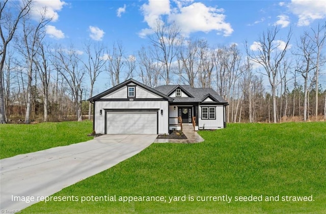 view of front of home featuring driveway, a garage, board and batten siding, and a front yard