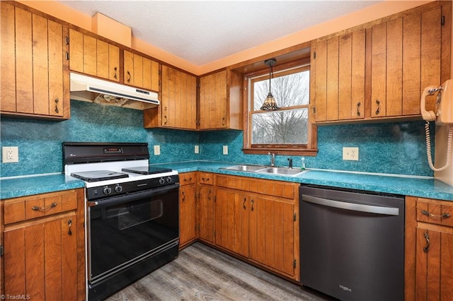 kitchen with tasteful backsplash, range, wood-type flooring, dishwasher, and sink