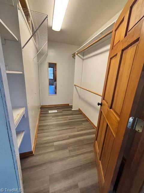 spacious closet featuring dark wood-type flooring