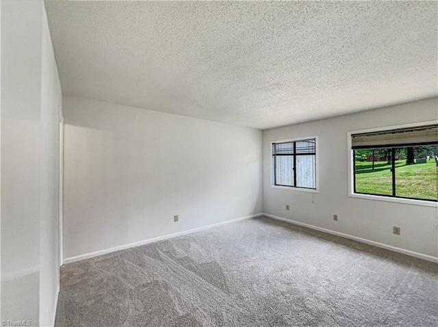 spare room with a textured ceiling, carpet, and baseboards