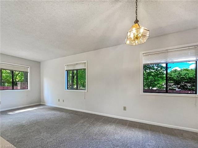 carpeted empty room with a textured ceiling, healthy amount of natural light, and baseboards