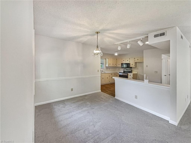 unfurnished living room with track lighting, carpet floors, a textured ceiling, and baseboards