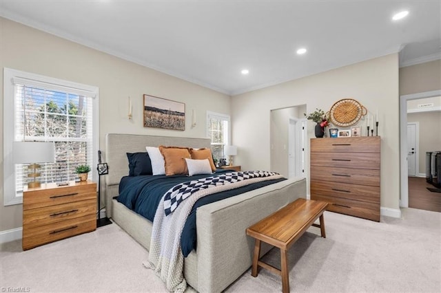 bedroom featuring ornamental molding, recessed lighting, baseboards, and light carpet