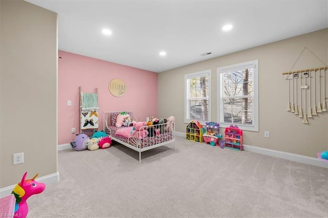 bedroom featuring recessed lighting, baseboards, visible vents, and carpet floors