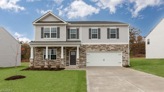 craftsman-style house featuring a porch, a front yard, a garage, stone siding, and driveway