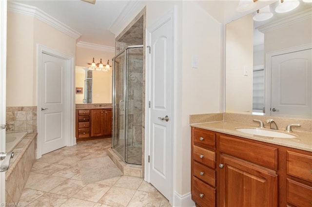 7469 Henson Forest Dr, Summerfield, NC 27358 - bathroom with crown molding, a shower stall, vanity, and a bath