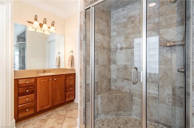 7469 Henson Forest Dr, Summerfield, NC 27358 - full bath with crown molding, a shower stall, and vanity
