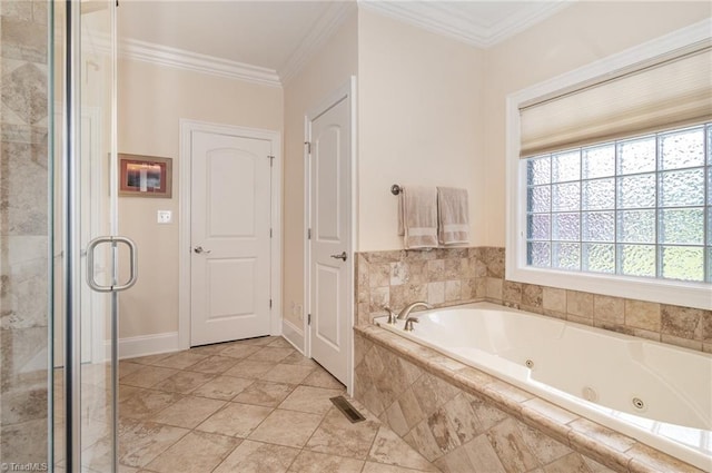7469 Henson Forest Dr, Summerfield, NC 27358 - full bathroom featuring a tub with jets, ornamental molding, and a shower stall